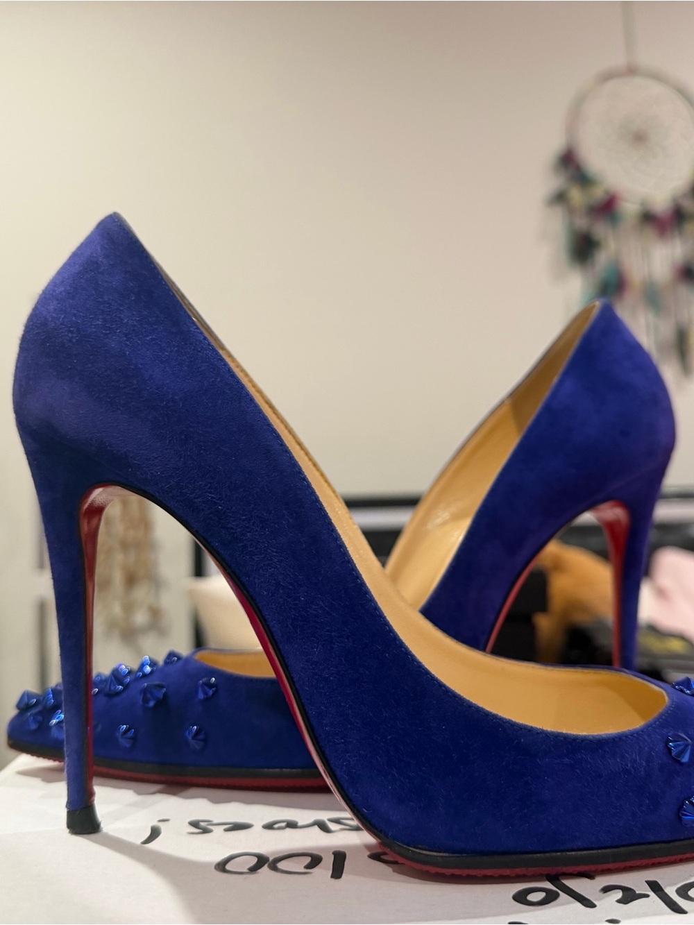 Christian Louboutin Cobalt Blue Suede Pointed Toe Studded Pumps